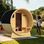 Aleko Anémona 2–4 Person White Finland Pine Barrel Sauna – Outdoor Sauna with Front Porch Canopy for Relaxation & Recovery