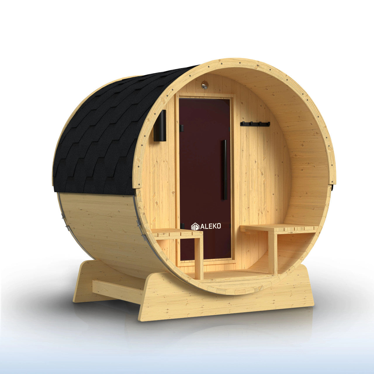 Aleko Anémona 2–4 Person White Finland Pine Barrel Sauna – Outdoor Sauna with Front Porch Canopy for Relaxation & Recovery