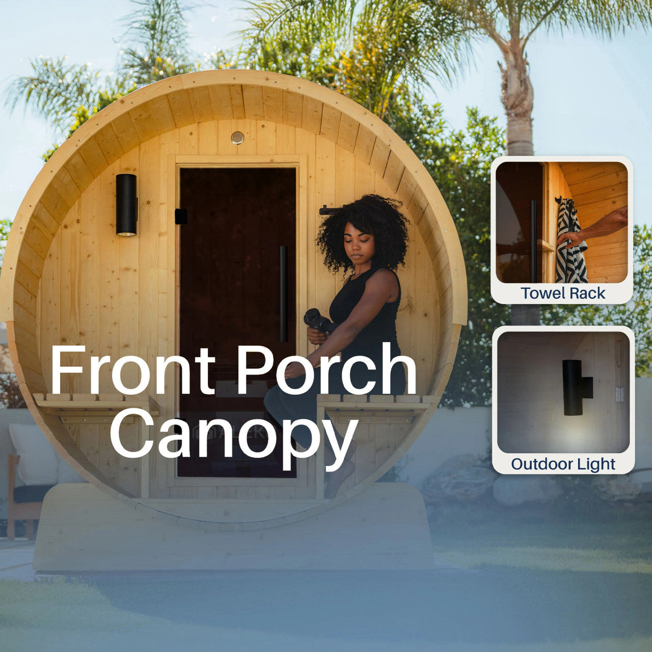 Aleko Anémona 2–4 Person White Finland Pine Barrel Sauna – Outdoor Sauna with Front Porch Canopy for Relaxation & Recovery