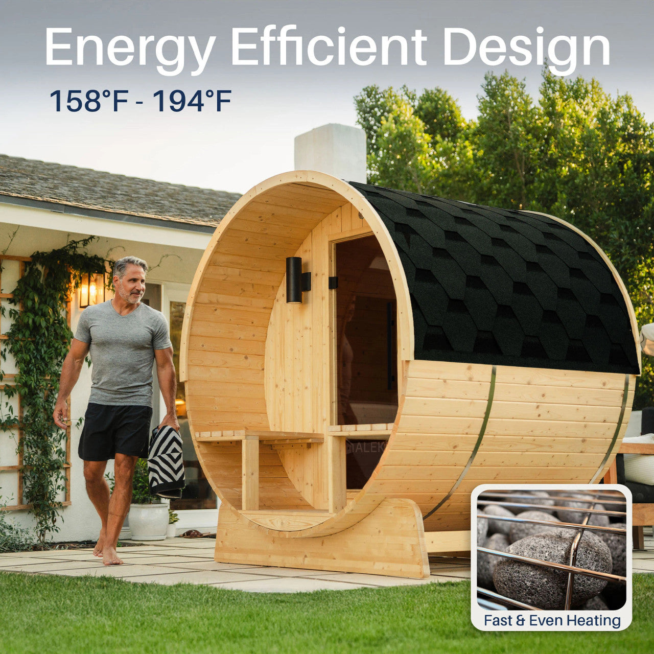 Aleko Anémona 2–4 Person White Finland Pine Barrel Sauna – Outdoor Sauna with Front Porch Canopy for Relaxation & Recovery