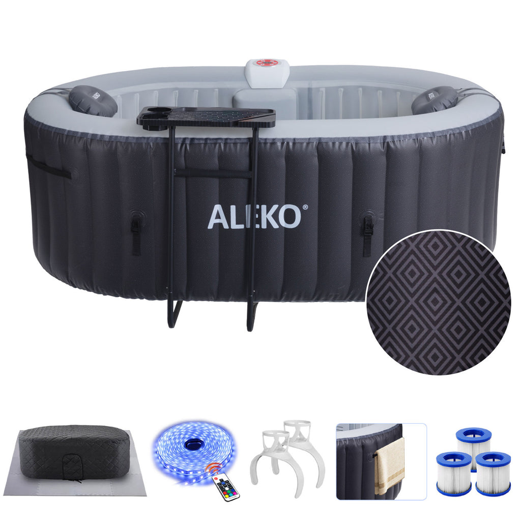 Aleko Diamond Inflatable Jetted Hot Tub with Energy Efficient Cover – Black Finish Compact 2-Person Spa for Relaxation, Hydrotherapy & Home Wellness