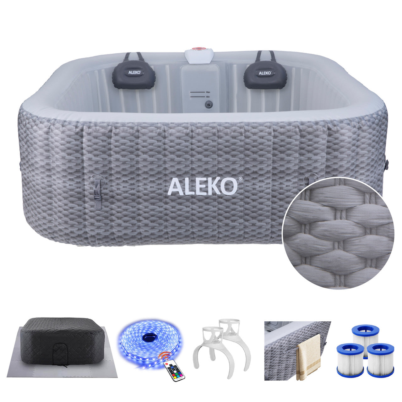 *NEW * Aleko Charcoal Inflatable Jetted Square Hot Tub with Energy Efficient Cover – Light Gray with Hemp Rope Pattern Spacious 6-Person Spa for Hydrotherapy, Relaxation & Backyard Wellness