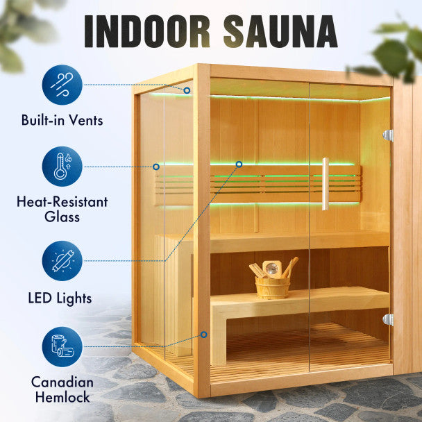 ALEKO Canadian Hemlock Traditional Indoor Sauna – 4–6 Person Luxury Home Spa with LED Lights & UL-Certified Heater