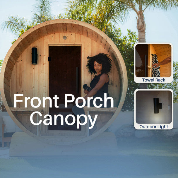 Aleko Anémona 6–8 Person White Finland Pine Barrel Sauna with Front Porch Canopy – Spacious Outdoor Barrel Sauna for Family Relaxation, Detox & Recovery