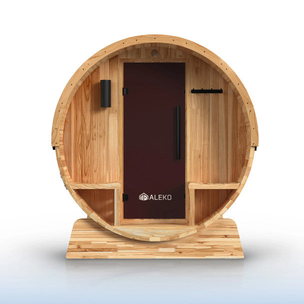 Aleko Liatris 5–6 Person Rustic Cedar Barrel Barrel Sauna with Front Porch Canopy – Spacious Outdoor Sauna for Heat Therapy, Recovery & Backyard Wellness