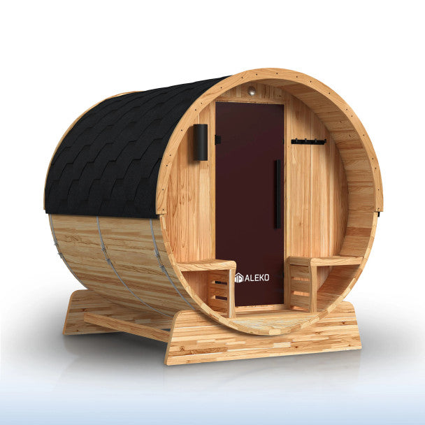 Aleko Liatris 5–6 Person Rustic Cedar Barrel Barrel Sauna with Front Porch Canopy – Spacious Outdoor Sauna for Heat Therapy, Recovery & Backyard Wellness
