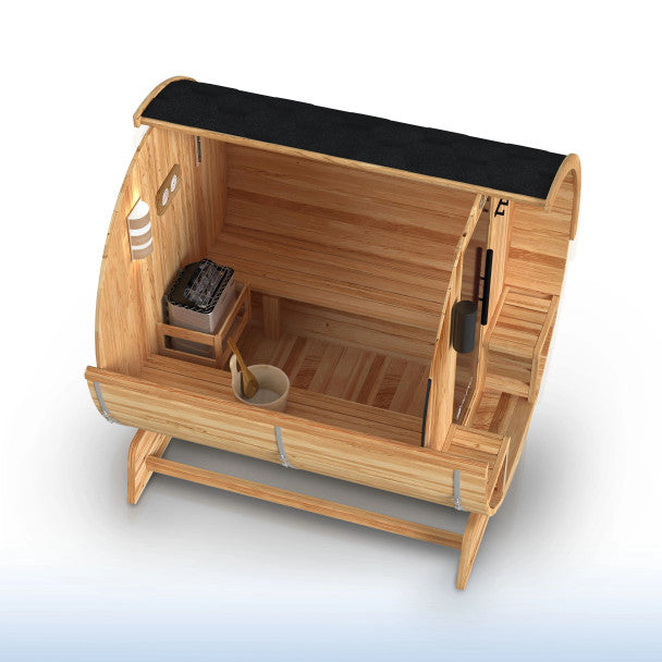 Aleko Liatris 5–6 Person Rustic Cedar Barrel Barrel Sauna with Front Porch Canopy – Spacious Outdoor Sauna for Heat Therapy, Recovery & Backyard Wellness