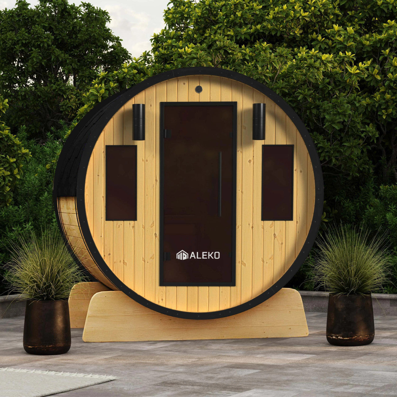 Aleko Celasia 2–4 Person White Finland Pine Barrel Sauna with Front Porch Canopy – Cozy Outdoor Sauna for Home Spa Relaxation & Everyday Wellness