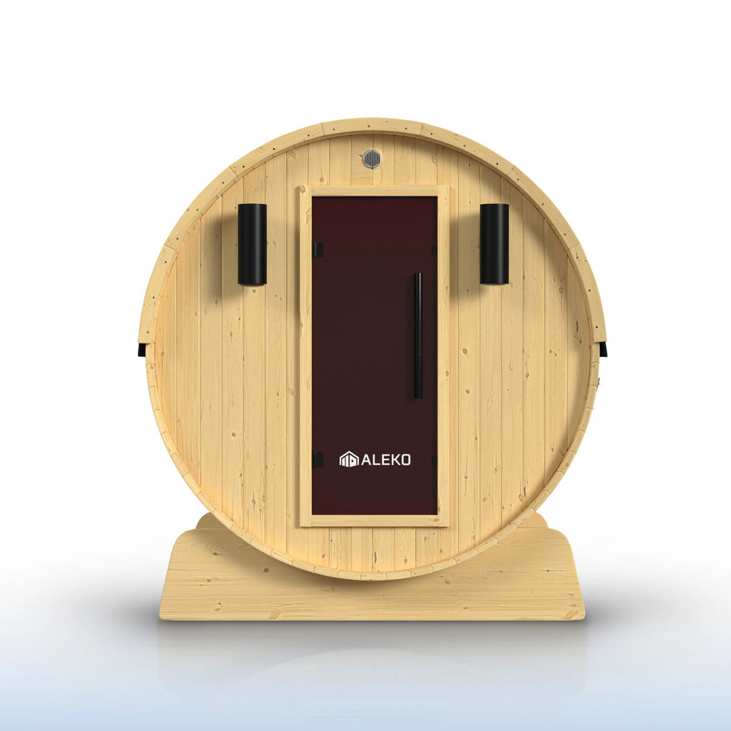 Aleko Anémona 6–8 Person White Finland Pine Barrel Sauna with Front Porch Canopy – Spacious Outdoor Barrel Sauna for Family Relaxation, Detox & Recovery
