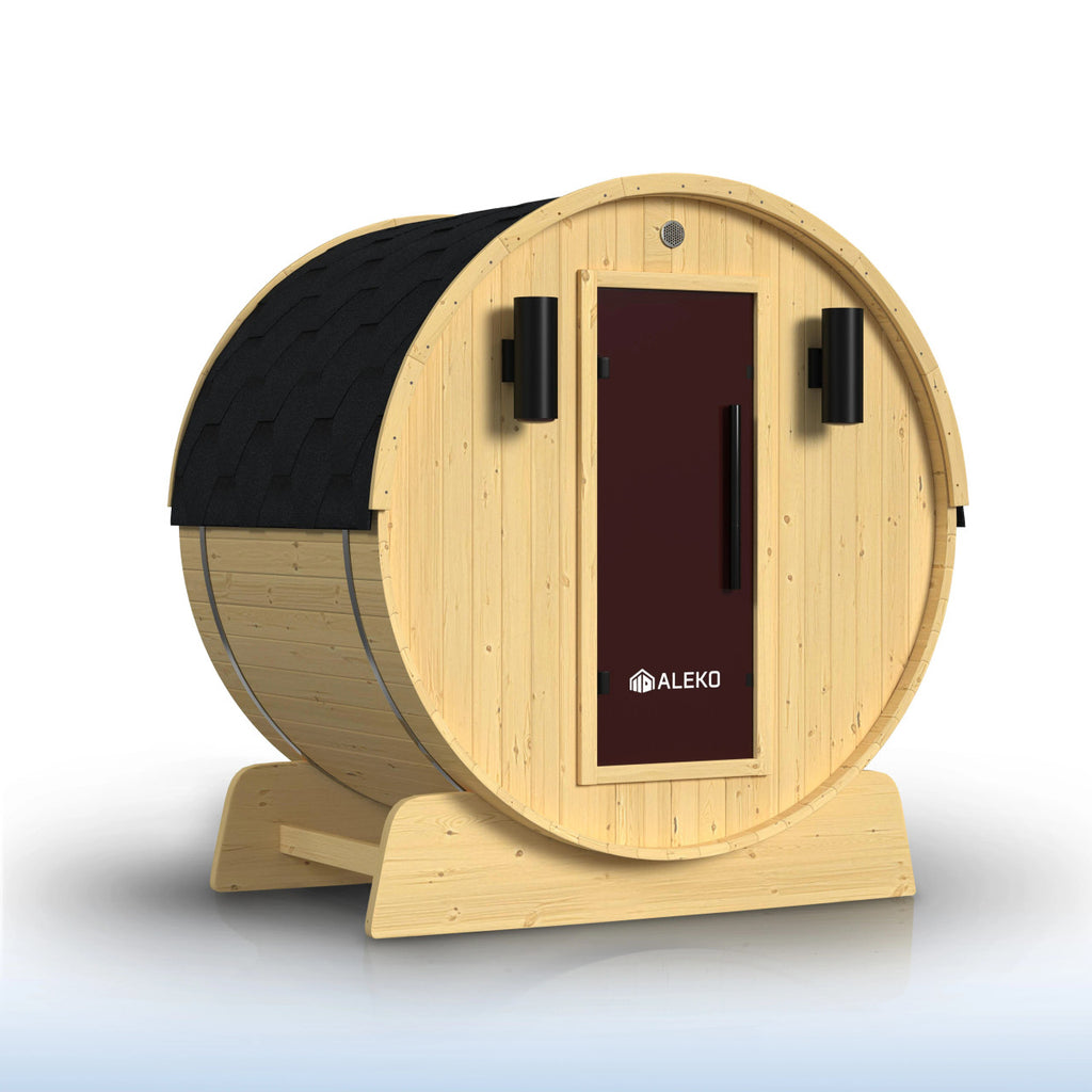 Aleko Anémona 6–8 Person White Finland Pine Barrel Sauna with Front Porch Canopy – Spacious Outdoor Barrel Sauna for Family Relaxation, Detox & Recovery