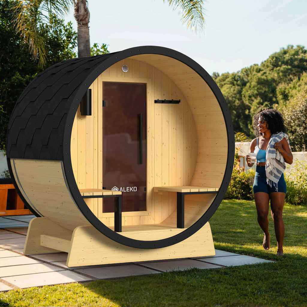 Aleko Celasia 2–4 Person White Finland Pine Barrel Sauna with Front Porch Canopy – Cozy Outdoor Sauna for Home Spa Relaxation & Everyday Wellness