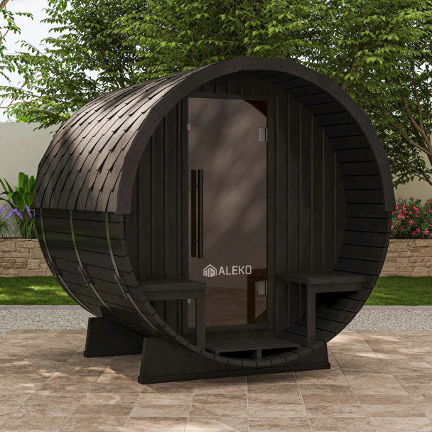 Aleko Aster 3–5 Person Barrel Outdoor Sauna with Porch – Spacious Backyard Sauna for Heat Therapy, Relaxation & Recovery