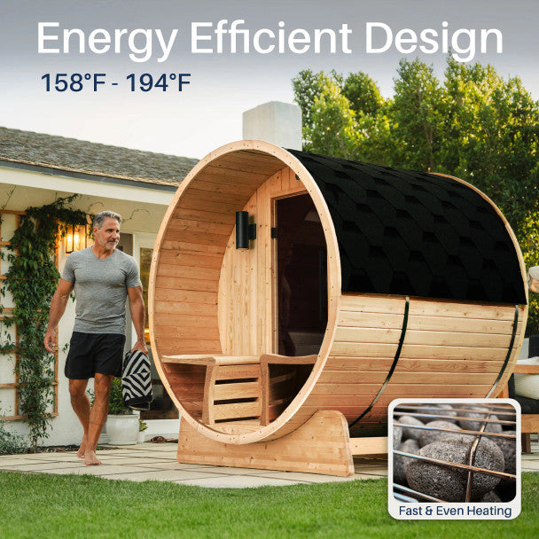 Aleko Liatris 2–4 Person Rustic Cedar Barrel Sauna with Front Porch Canopy – Compact Outdoor Sauna for Recovery, Relaxation & Home Wellness