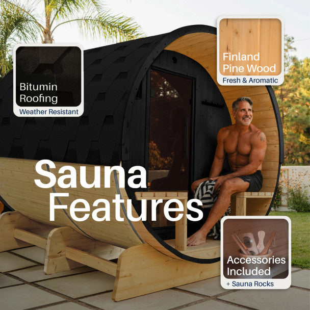 Aleko Anémona 6–8 Person White Finland Pine Barrel Sauna with Front Porch Canopy & Black Accents – Large Outdoor Sauna for Group Wellness, Recovery & Relaxation