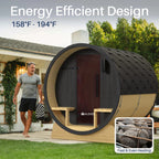Aleko Anémona 6–8 Person White Finland Pine Barrel Sauna with Front Porch Canopy & Black Accents – Large Outdoor Sauna for Group Wellness, Recovery & Relaxation