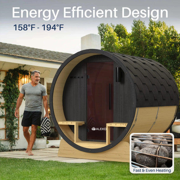 Aleko Anémona 6–8 Person White Finland Pine Barrel Sauna with Front Porch Canopy & Black Accents – Large Outdoor Sauna for Group Wellness, Recovery & Relaxation