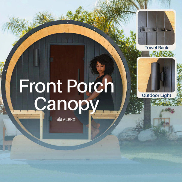 Aleko Anémona 6–8 Person White Finland Pine Barrel Sauna with Front Porch Canopy & Black Accents – Large Outdoor Sauna for Group Wellness, Recovery & Relaxation