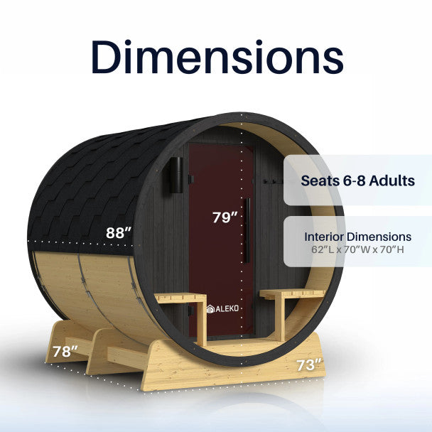 Aleko Anémona 6–8 Person White Finland Pine Barrel Sauna with Front Porch Canopy & Black Accents – Large Outdoor Sauna for Group Wellness, Recovery & Relaxation