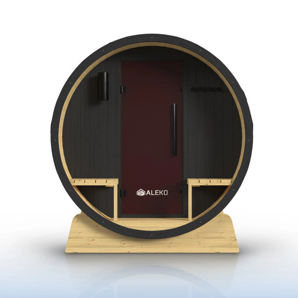 Aleko Anémona 6–8 Person White Finland Pine Barrel Sauna with Front Porch Canopy & Black Accents – Large Outdoor Sauna for Group Wellness, Recovery & Relaxation