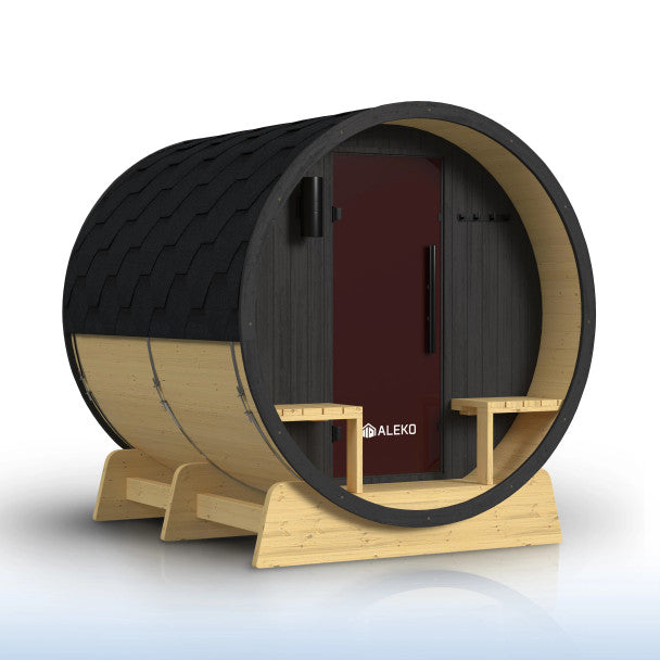 Aleko Anémona 6–8 Person White Finland Pine Barrel Sauna with Front Porch Canopy & Black Accents – Large Outdoor Sauna for Group Wellness, Recovery & Relaxation