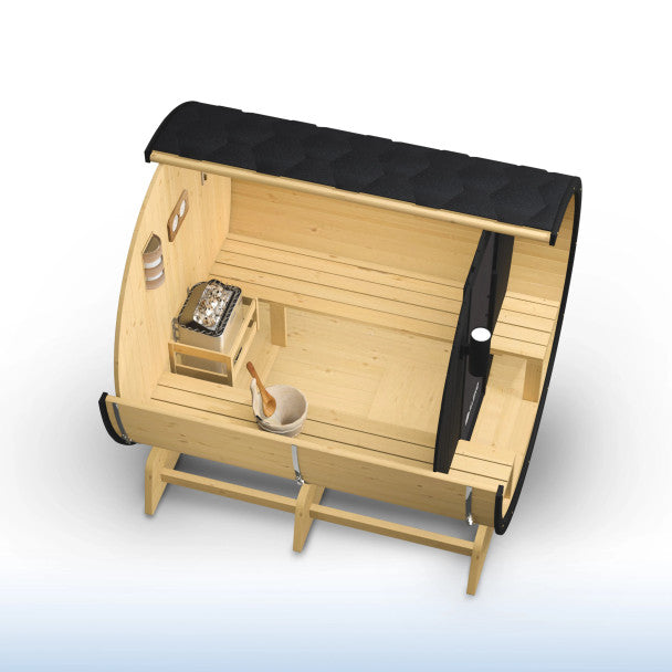 Aleko Anémona 6–8 Person White Finland Pine Barrel Sauna with Front Porch Canopy & Black Accents – Large Outdoor Sauna for Group Wellness, Recovery & Relaxation