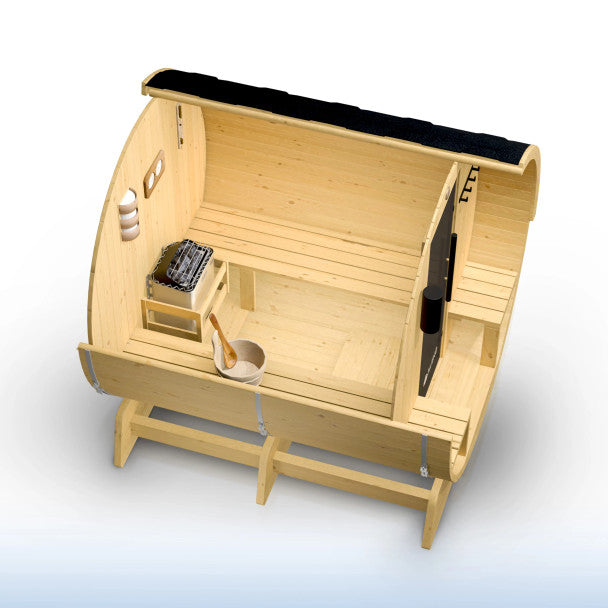 Aleko Anémona 6–8 Person White Finland Pine Barrel Sauna with Front Porch Canopy – Spacious Outdoor Barrel Sauna for Family Relaxation, Detox & Recovery
