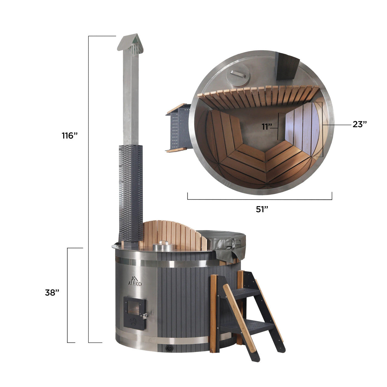 Aleko Stainless Steel Hot Tub & Cold Plunge Tub with Wood-Fired Heater – Compact Outdoor 1–3 Person Spa for Cold Plunge Therapy, Hydrotherapy & Backyard Wellness