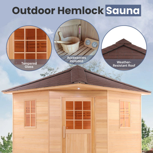 ALEKO Canadian Hemlock Outdoor Sauna with 8 kW UL-Certified Heater – 8 Person