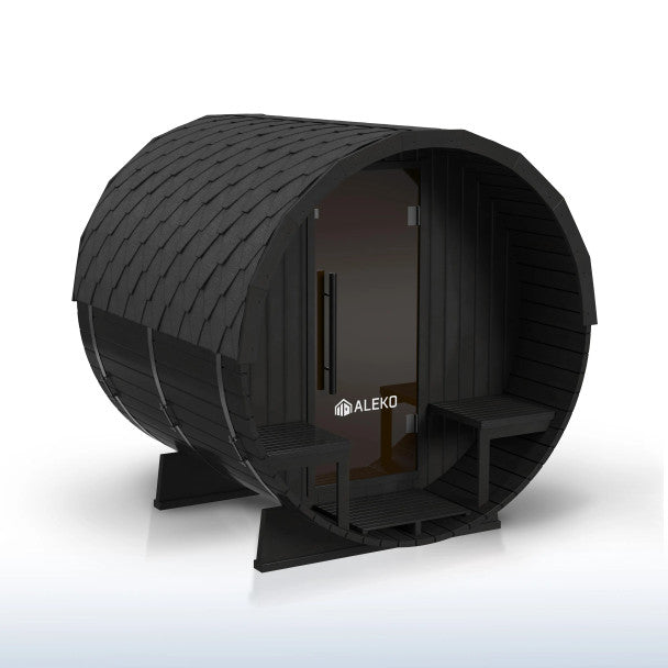 Aleko Aster 3–5 Person Barrel Outdoor Sauna with Porch – Spacious Backyard Sauna for Heat Therapy, Relaxation & Recovery