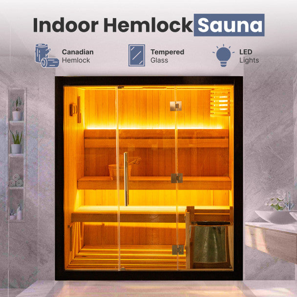 ALEKO Canadian Hemlock Traditional Sauna – 4 Person Indoor Spa with Harvia 4.5 kW UL-Certified Electric Heater, Black Finish