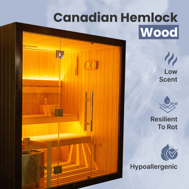 ALEKO Canadian Hemlock Traditional Sauna – 4 Person Indoor Spa with Harvia 4.5 kW UL-Certified Electric Heater, Black Finish