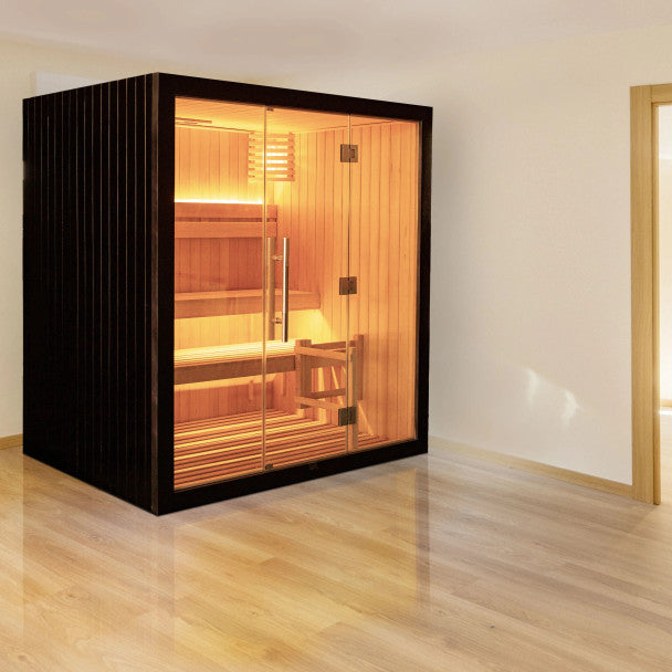 ALEKO Canadian Hemlock Traditional Sauna – 4 Person Indoor Spa with Harvia 4.5 kW UL-Certified Electric Heater, Black Finish