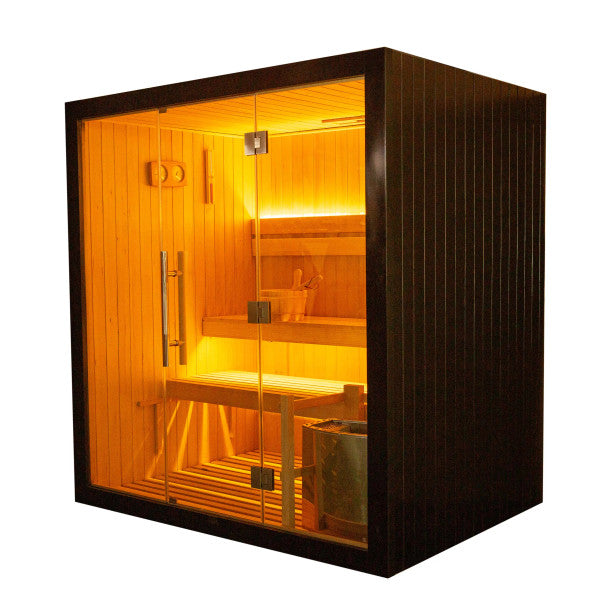 ALEKO Canadian Hemlock Traditional Sauna – 4 Person Indoor Spa with Harvia 4.5 kW UL-Certified Electric Heater, Black Finish
