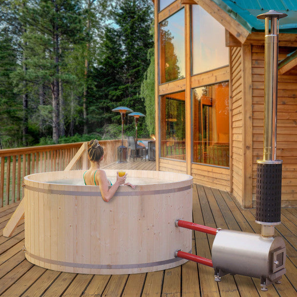 Aleko Wood-Fired Hot Tub and Ice Bath – Pine Finish Outdoor 4–5 Person Spa for Cold Plunge Therapy, Relaxation & Backyard Wellness